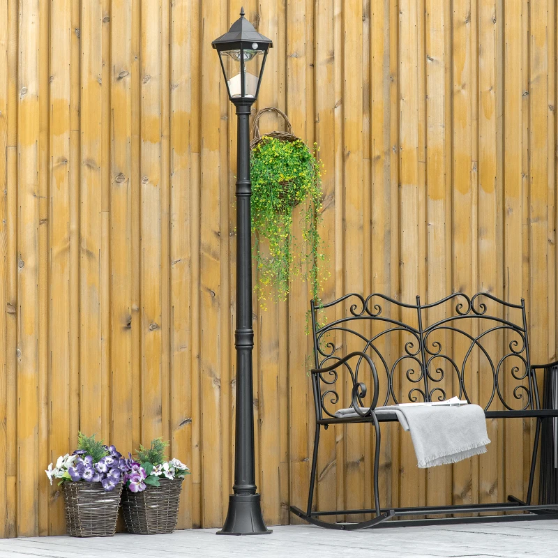 Outsunny 76.5" Solar Lamp Post Light, Dusk to Dawn Vintage Style Street Light, Aluminum Solar Powdered Lamp, PIR Motion Sensor for Garden, Lawn, Pathway, Driveway, Black