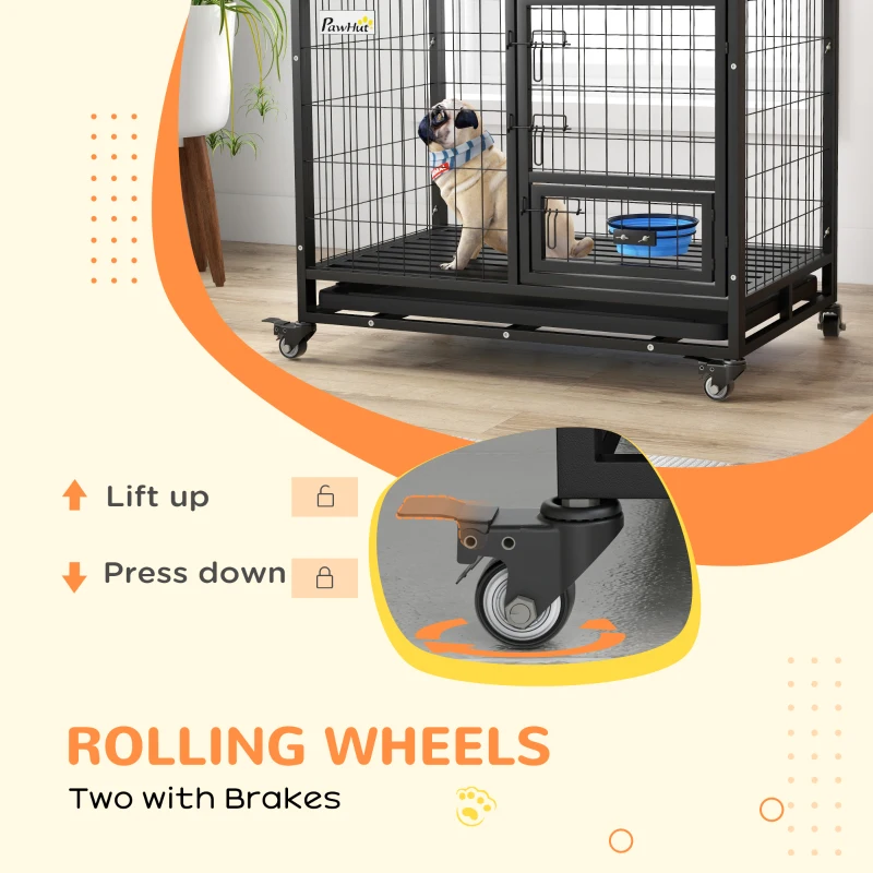 PawHut 36" Heavy Duty Dog Kennel w/ Bowl Holder, Wheels, Openable Top, Removable Tray for Medium & Large Dogs, Black