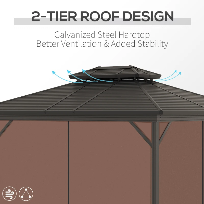Outsunny 10' x 12' Steel Hardtop Gazebo Garden Sun Shelter with Mosquito Netting and Curtains Hanging Hook Aluminum Frame Brown