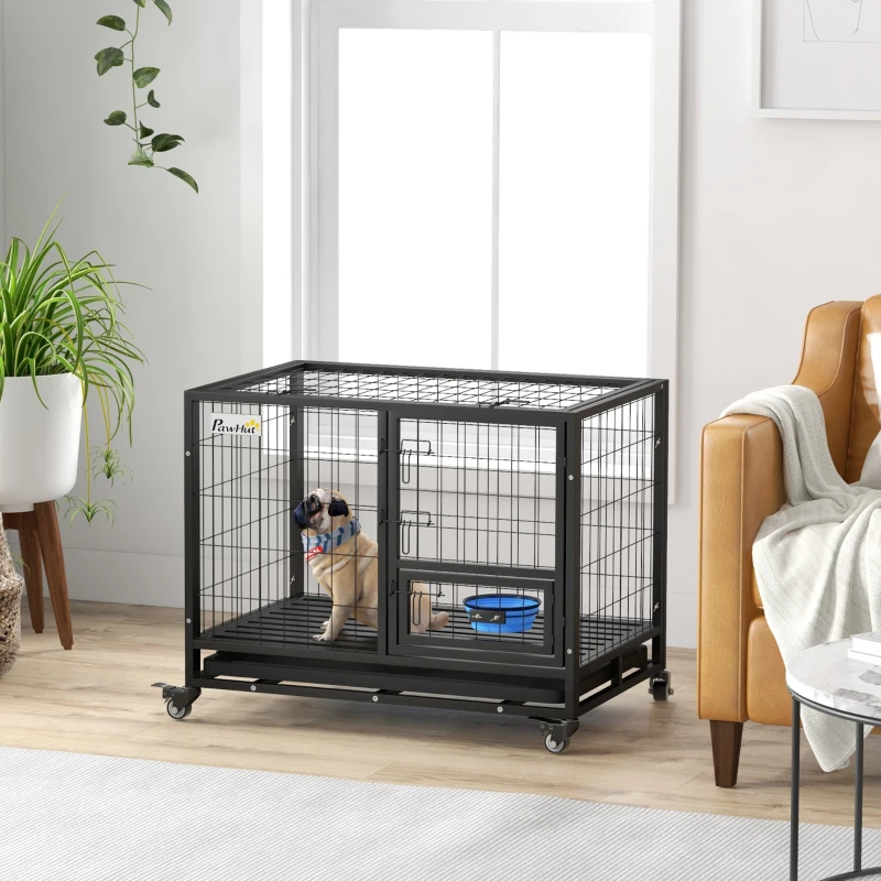 PawHut 36" Heavy Duty Dog Kennel w/ Bowl Holder, Wheels, Openable Top, Removable Tray for Medium & Large Dogs, Black