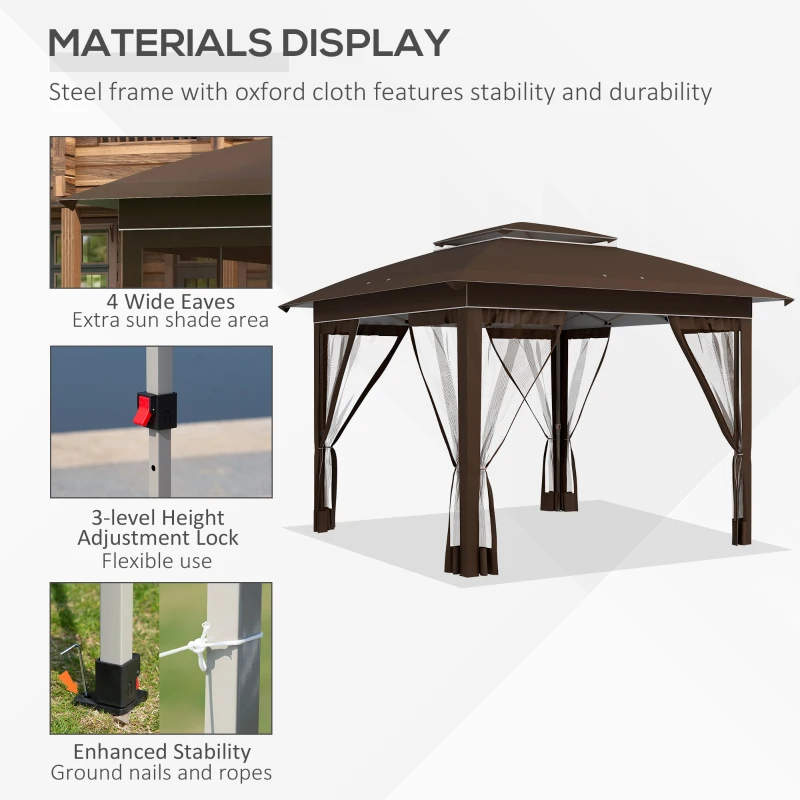 Outsunny 12' x 12' Pop Up Canopy Tent with Netting and Carry Bag, Instant Sun Shelter with 137 sq.ft Shade, Dark Brown