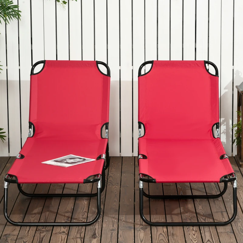 Outsunny Set of 2 Folding Outdoor Lounge Chair, Sun Tanning Chairs with Reclining Back, Breathable Mesh for Beach Patio, Red