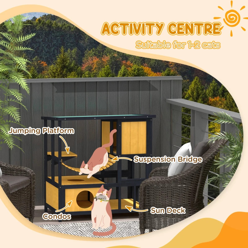 PawHut Outdoor Cat Enclosure for Patio with Suspension Bridge, Condos, Escape Doors, Jumping Platform, Water-Resistant Roof