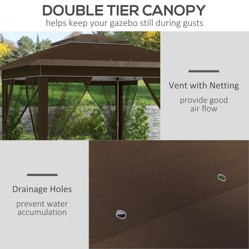 Outsunny 12' x 12' Pop Up Canopy Tent with Netting and Carry Bag, Instant Sun Shelter with 137 sq.ft Shade, Dark Brown