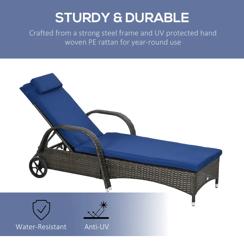 Outsunny Wicker Chaise Lounge Set of 2, PE Rattan, 5-Level Adjustable, Wheels, Cushion & Headrest, Brown/Dark Blue