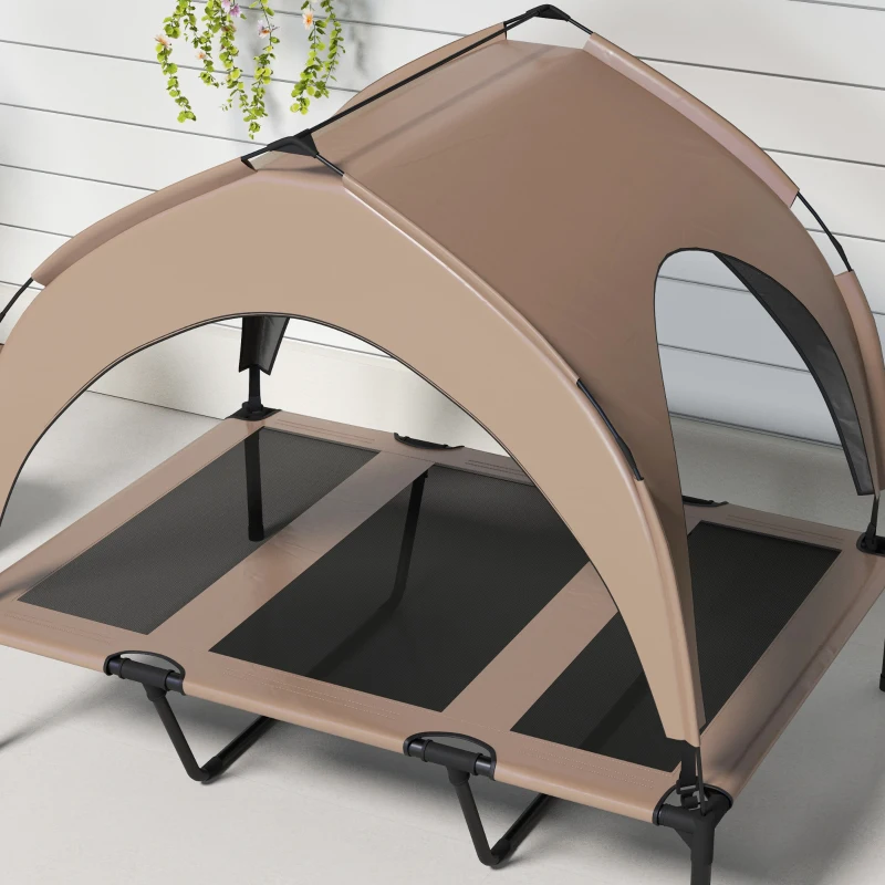 PawHut Raised Dog Bed Cooling Dog Cot w/ Canopy Washable Breathable Mesh, for Large Dogs, Coffee