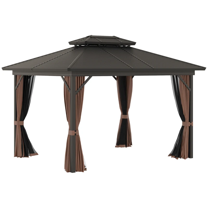 Outsunny 10' x 12' Steel Hardtop Gazebo Garden Sun Shelter with Mosquito Netting and Curtains Hanging Hook Aluminum Frame Brown