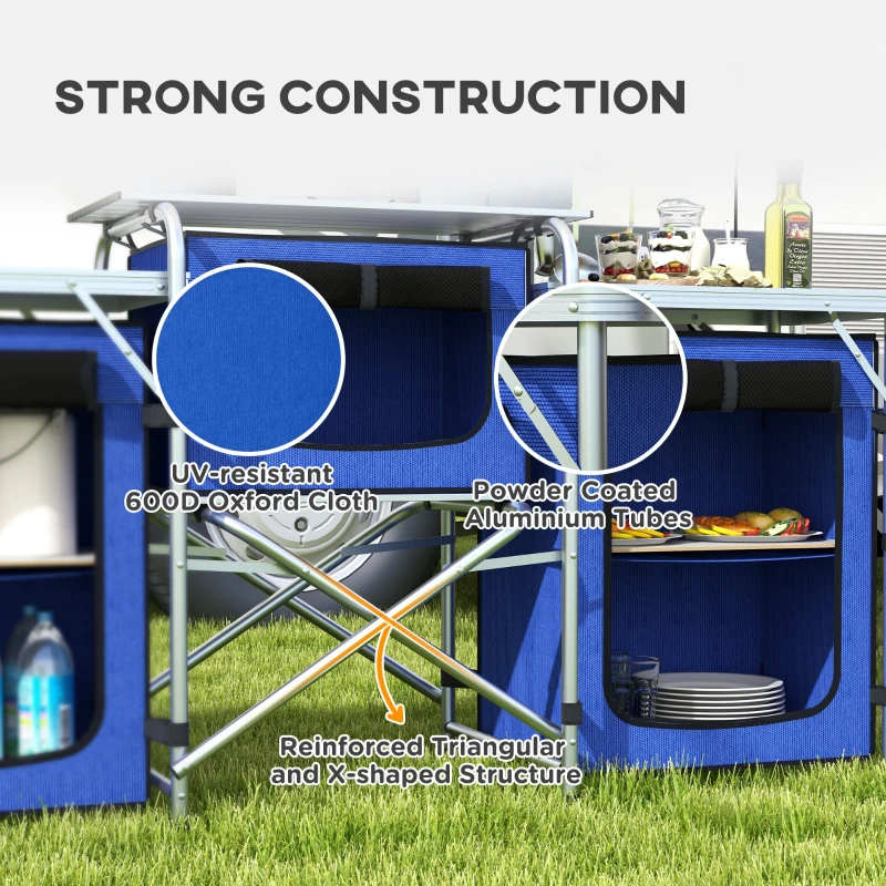 Outsunny Aluminum Camping Kitchen, Portable Folding Camping Table with Fabric Cupboards, Windshield, Bag for BBQ, Picnic, Blue