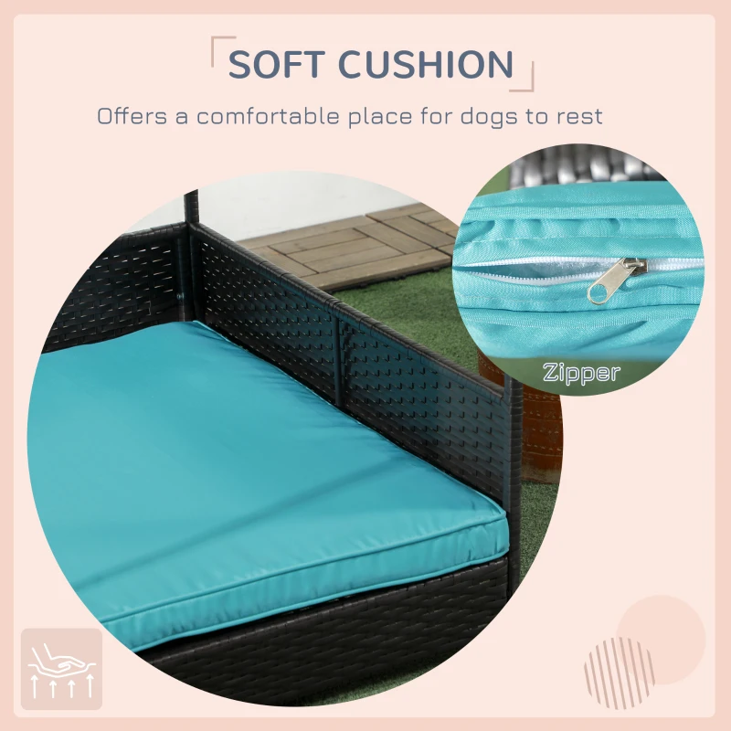 PawHut Outdoor Dog House Wicker Dog Bed with Soft Cushion Washable Cover, for Medium Large Dogs Indoor Outdoor, Blue