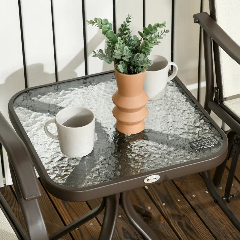 Outsunny 3 Piece Patio Glider Set Outdoor Gliders with Breathable Mesh Seat, Glass Top Table for Garden, Yard, Cream White