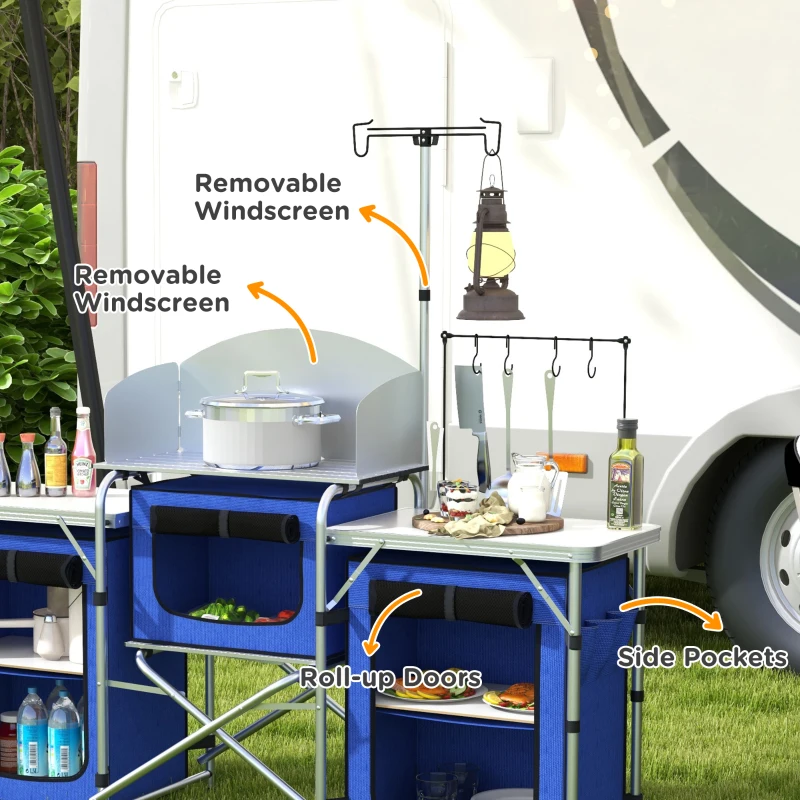 Outsunny Aluminum Camping Kitchen, Portable Folding Camping Table with Fabric Cupboards, Windshield, Bag for BBQ, Picnic, Blue