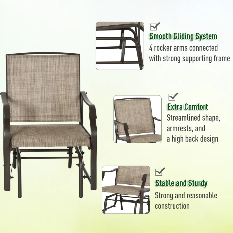 Outsunny 3 Piece Patio Glider Set Outdoor Gliders with Breathable Mesh Seat, Glass Top Table for Garden, Yard, Mixed Brown