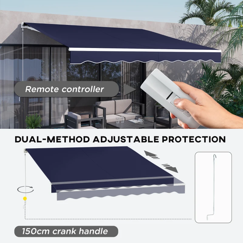 Outsunny 12' x 10' Electric Retractable Awning Sunshade Shelter with Remote Controller, Crank Handle for Deck Balcony Yard, Blue