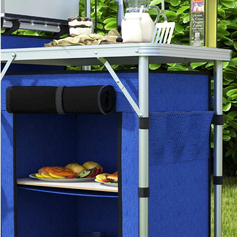 Outsunny Aluminum Camping Kitchen, Portable Folding Camping Table with Fabric Cupboards, Windshield, Bag for BBQ, Picnic, Blue