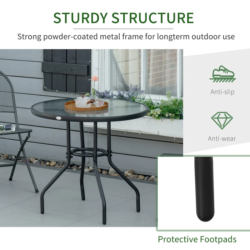 Outsunny 31.5" Round Outdoor Dining Table Coffee Side Bistro Table with Umbrella Hole, Glass Top, Steel Frame for Garden, Patio