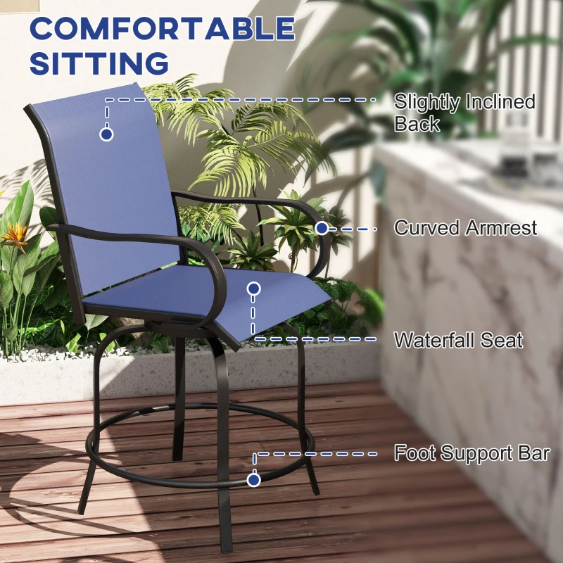 Outsunny Outdoor Bar Stools Set of 2, 360° Swivel Bar Height Chairs, 26.75" x 29.5" x 48.5", Navy Blue