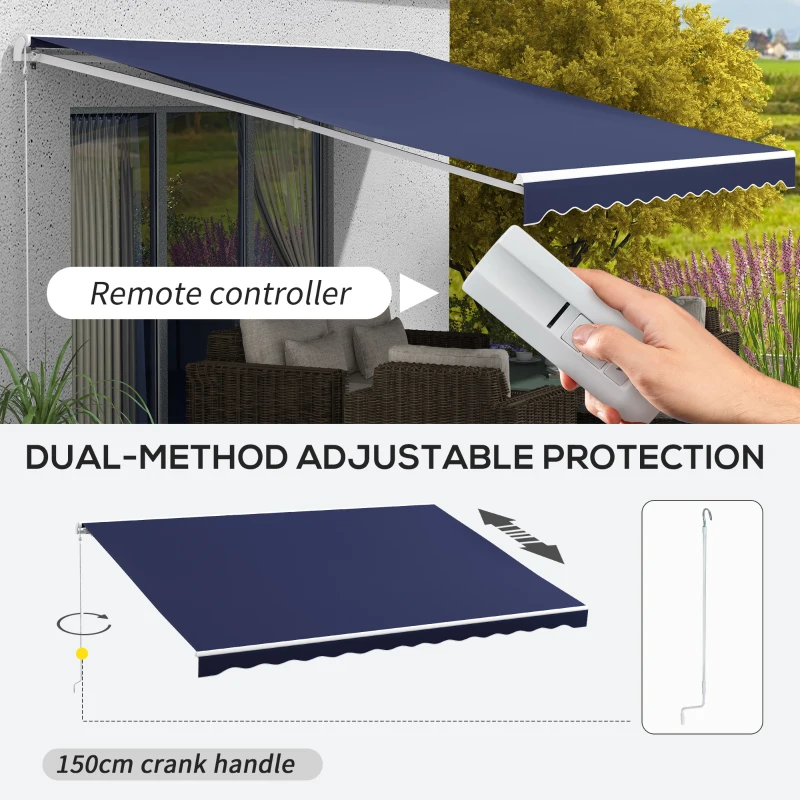 Outsunny 16'x10' Electric Retractable Awning Sunshade Shelter with Remote Controller & Crank Handle for Deck Balcony Yard, Blue