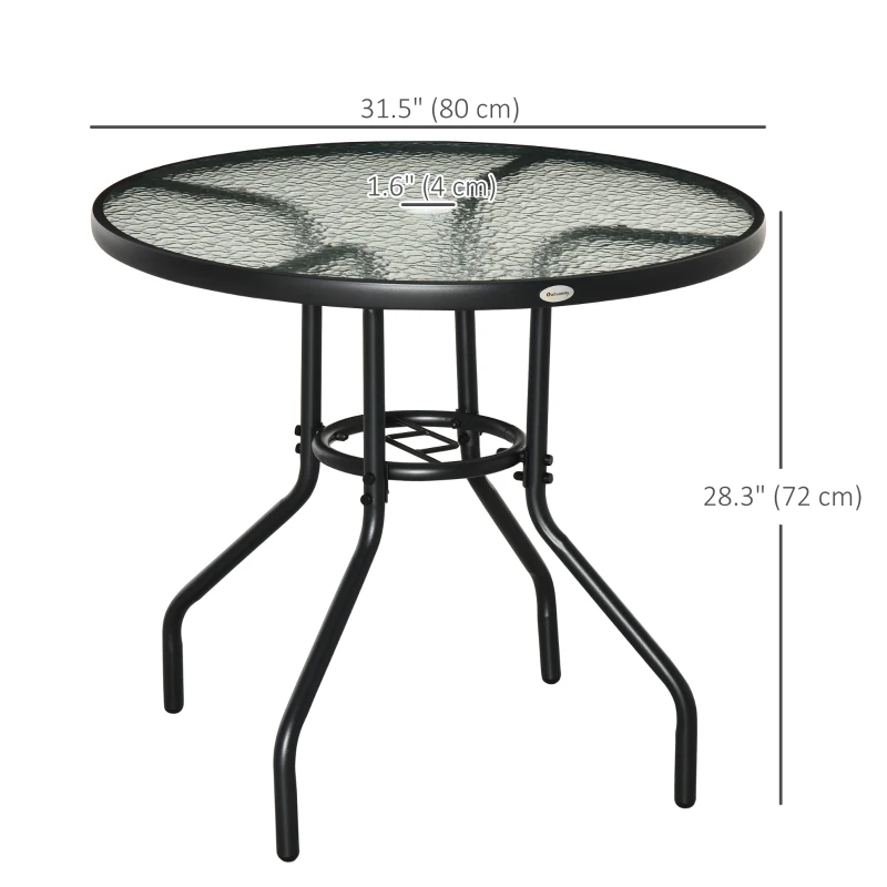 Outsunny 31.5" Round Outdoor Dining Table Coffee Side Bistro Table with Umbrella Hole, Glass Top, Steel Frame for Garden, Patio