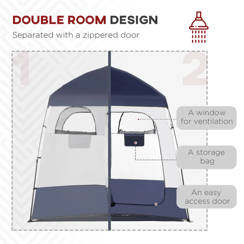 Outsunny Outdoor Portable Pop Up Shower Tent Changing Tent Privacy Enclosure with 2 Rooms, Shower Bag, Floor for Camping, Blue