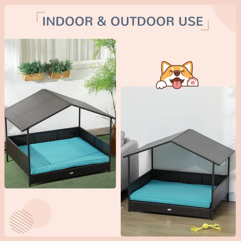 PawHut Outdoor Dog House Wicker Dog Bed with Soft Cushion Washable Cover, for Medium Large Dogs Indoor Outdoor, Blue