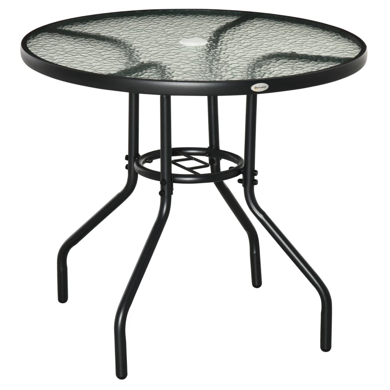 Outsunny 31.5" Round Outdoor Dining Table Coffee Side Bistro Table with Umbrella Hole, Glass Top, Steel Frame for Garden, Patio