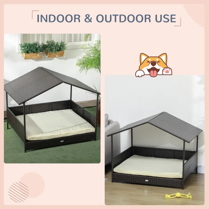 PawHut Outdoor Dog House Wicker Dog Bed with Soft Cushion Washable Cover, for Medium Large Dogs Indoor Outdoor, Cream White