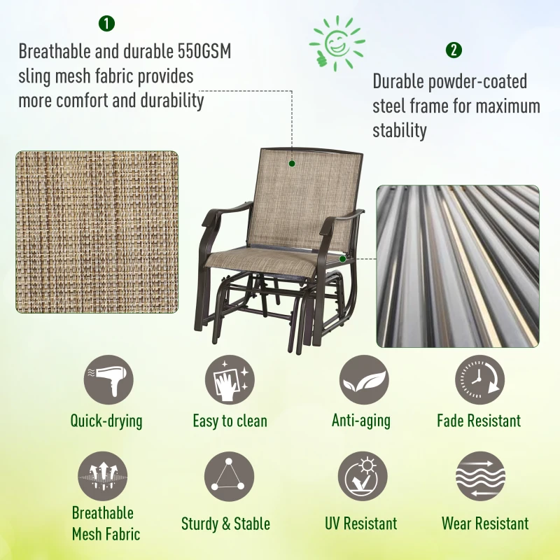 Outsunny 3 Piece Patio Glider Set Outdoor Gliders with Breathable Mesh Seat, Glass Top Table for Garden, Yard, Mixed Brown