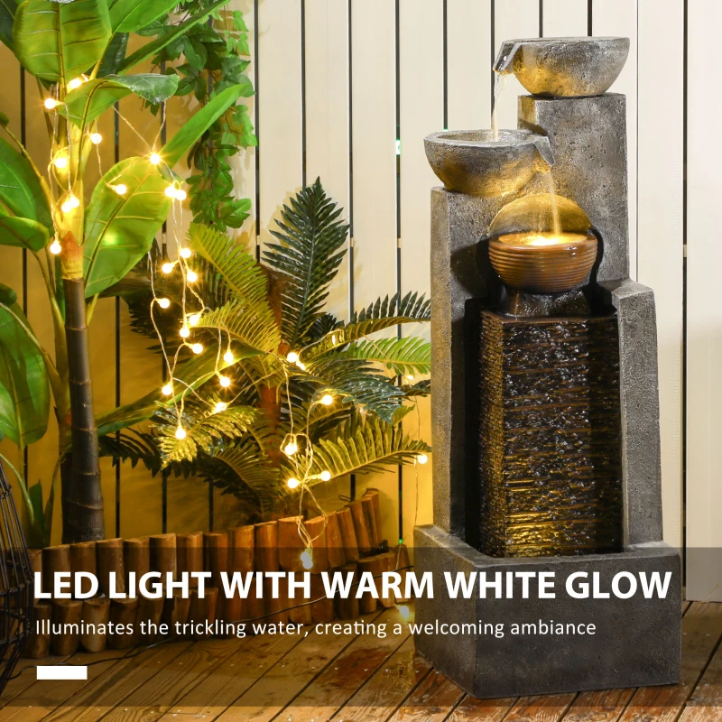 Outsunny 5-Tiered Cascading Bowls Outdoor Water Fountain with LED Lights, Adjustable Flow, 43.3-inch Resin Waterfall Fountain