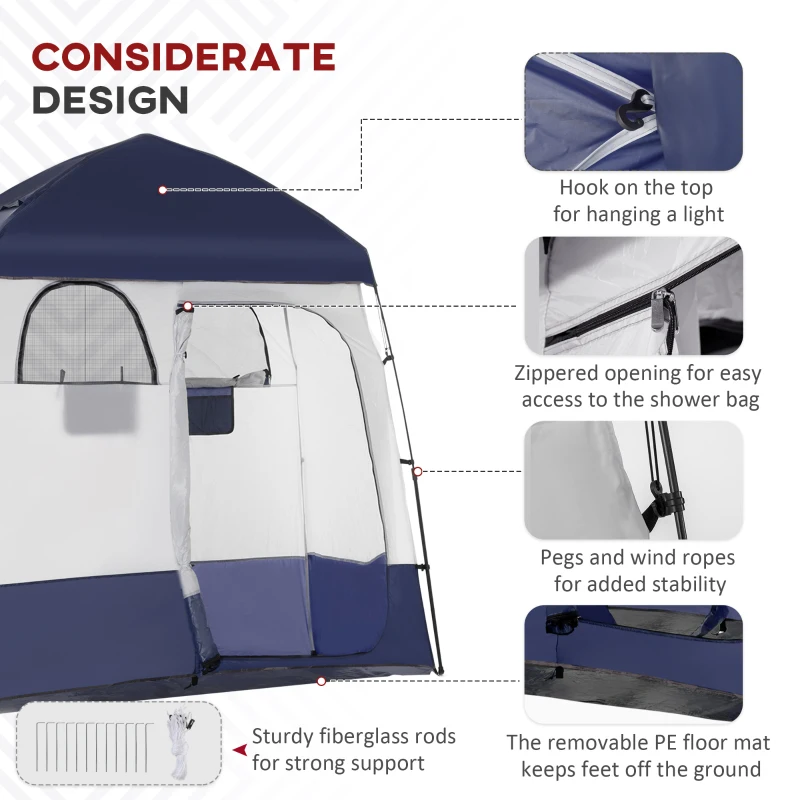 Outsunny Outdoor Portable Pop Up Shower Tent Changing Tent Privacy Enclosure with 2 Rooms, Shower Bag, Floor for Camping, Blue
