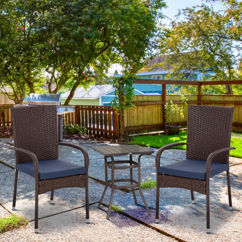 Outsunny Stackable PE Rattan Outdoor Dining Chairs with Cushion, Patio Wicker Dining Chair with Armrests & Backrest, Blue