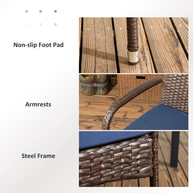 Outsunny Stackable PE Rattan Outdoor Dining Chairs with Cushion, Patio Wicker Dining Chair with Armrests & Backrest, Blue