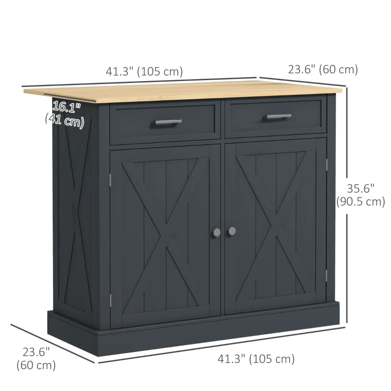 HOMCOM Kitchen Island with Drop Leaf, Rolling Kitchen Cart with 2 Drawers, Adjustable Shelves and Wood Countertop, Dark Grey
