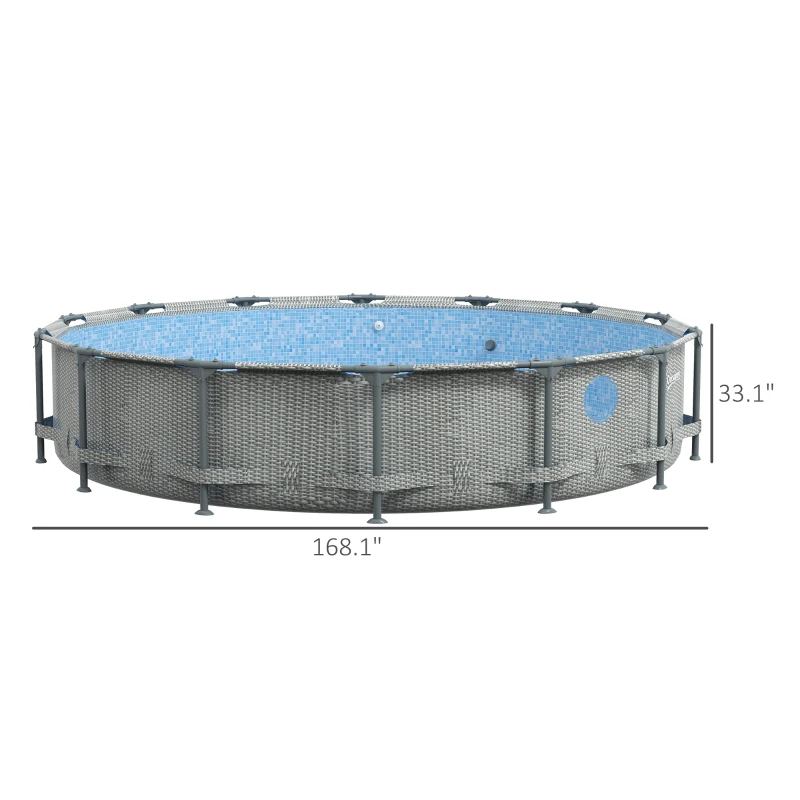 Outsunny Round Above Ground Pool, Metal Frame Pool with Cartridge Filter Pump and Repair Patch, 14' x 33", Gray Wicker