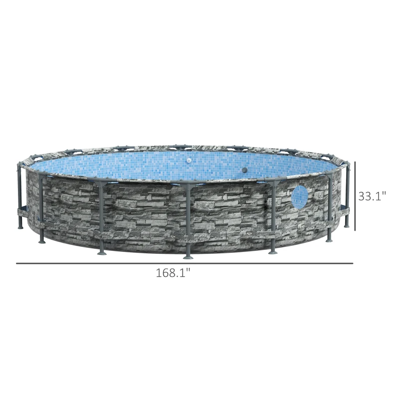 Outsunny Round Above Ground Pool, Metal Frame Pool with Cartridge Filter Pump and Repair Patch, 14' x 33", Gray Brick
