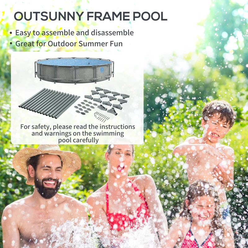 Outsunny Round Above Ground Pool, Metal Frame Pool with Cartridge Filter Pump and Repair Patch, 14' x 33", Gray Wicker