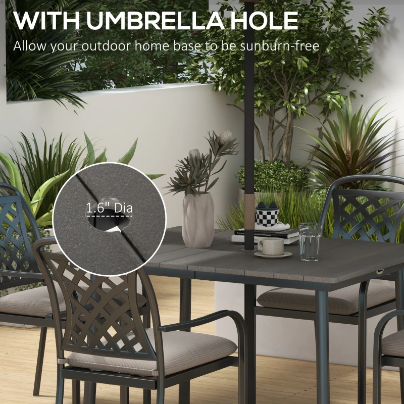 Outsunny 47" Outdoor Dining Table with Umbrella Hole, Aluminium Frame, HDPE Table Top, Slatted Design for Backyard, Dark Grey