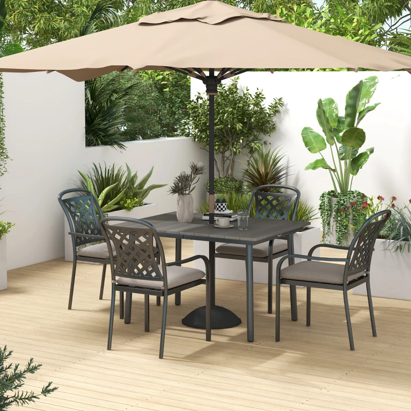 Outsunny 47" Outdoor Dining Table with Umbrella Hole, Aluminium Frame, HDPE Table Top, Slatted Design for Backyard, Dark Grey