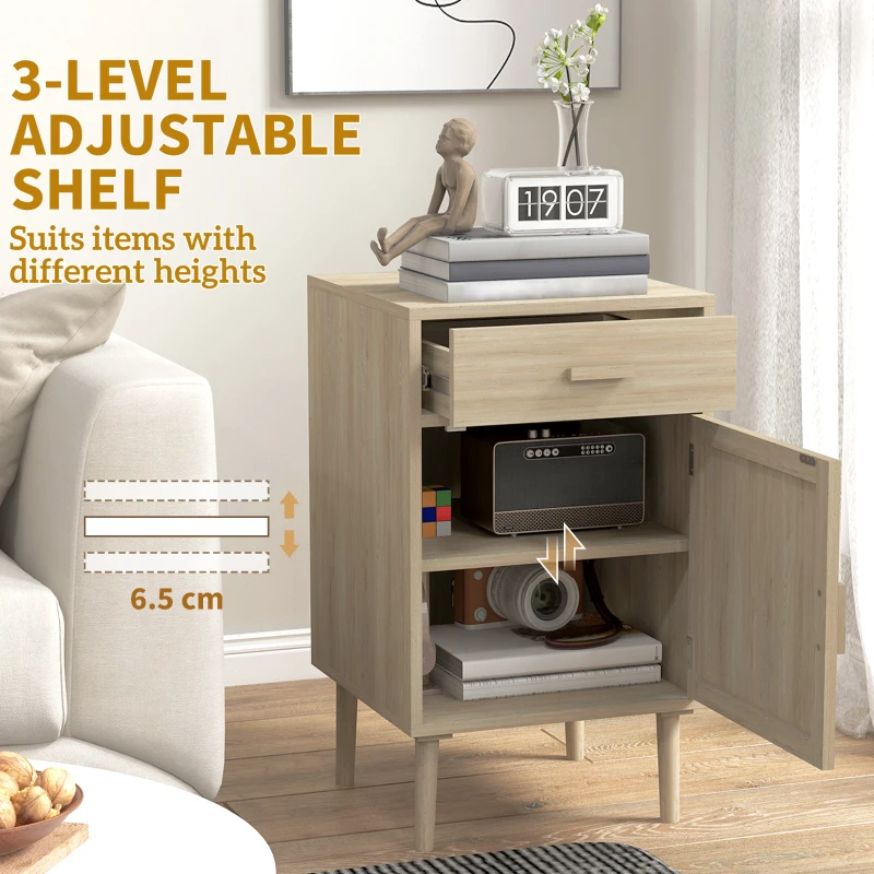 HOMCOM Boho Bedside Tables Set of 2, Nightstands with Drawer, Rattan Cabinet, Adjustable Shelf for Bedroom, Living Room, Oak