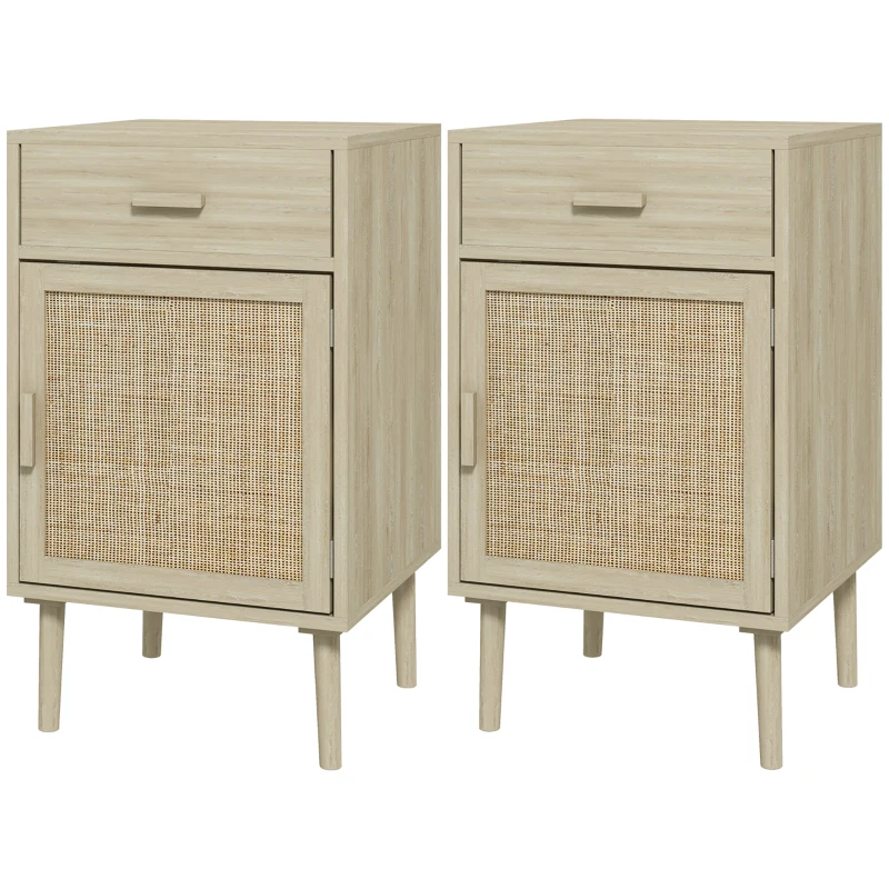 HOMCOM Boho Bedside Tables Set of 2, Nightstands with Drawer, Rattan Cabinet, Adjustable Shelf for Bedroom, Living Room, Oak