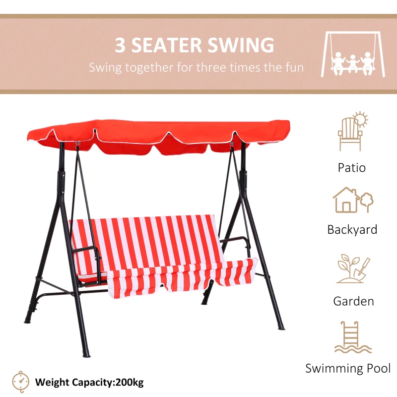 Outsunny 3-Seater Outdoor Porch Swing with Adjustable Canopy, Patio Swing Chair for Garden, Poolside, Backyard, Red and white