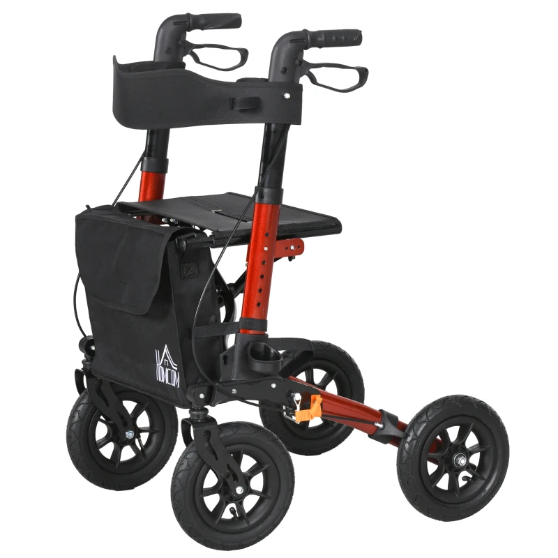 HOMCOM Rollator for Seniors with Seat, Rubber Wheels, Aluminum Folding Rolling Walker with Adjustable Handle, Bag, Red
