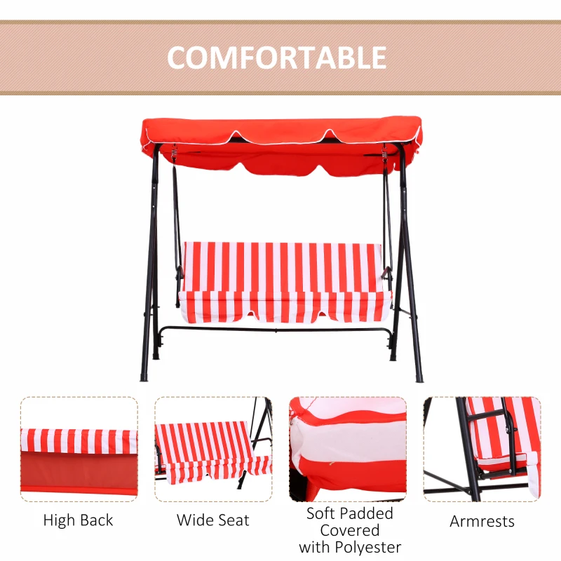 Outsunny 3-Seater Outdoor Porch Swing with Adjustable Canopy, Patio Swing Chair for Garden, Poolside, Backyard, Red and white