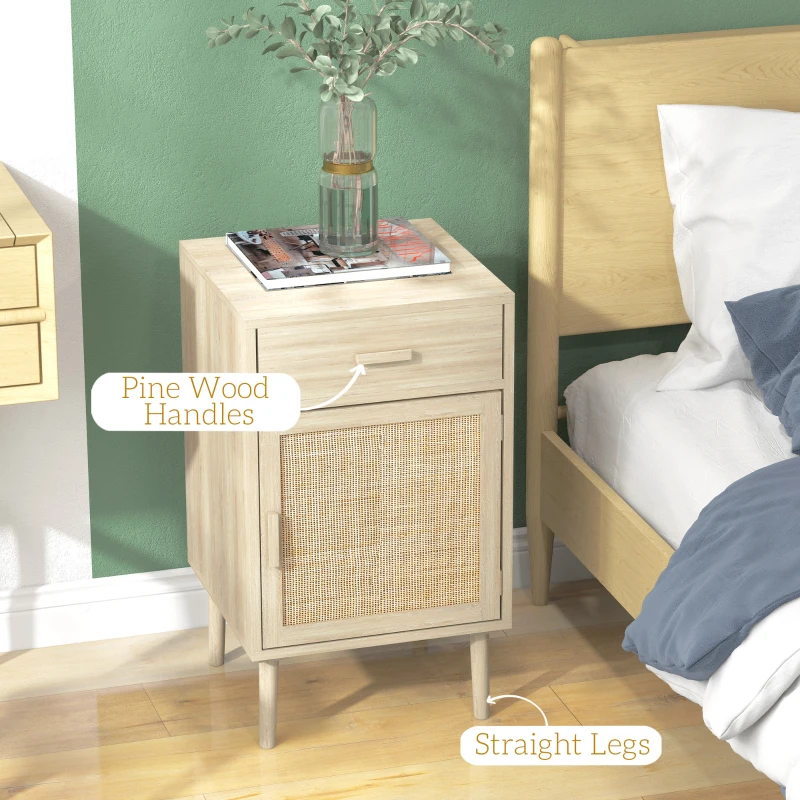 HOMCOM Boho Bedside Tables Set of 2, Nightstands with Drawer, Rattan Cabinet, Adjustable Shelf for Bedroom, Living Room, Oak