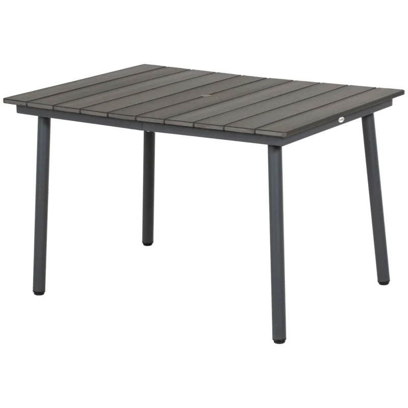 Outsunny 47" Outdoor Dining Table with Umbrella Hole, Aluminium Frame, HDPE Table Top, Slatted Design for Backyard, Dark Grey