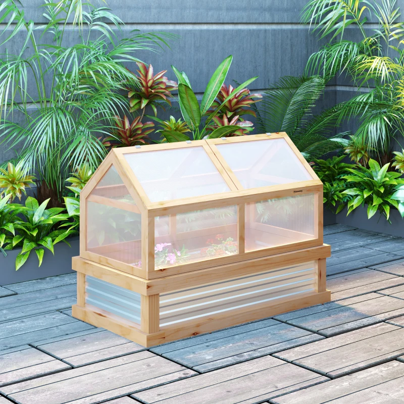 Outsunny 48" x 24" x 32.25" Elevated Planting Beds Garden Wooden Cold Frame Greenhouse Flower Planter Protection Wood