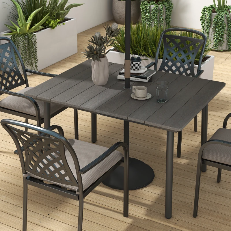 Outsunny 47" Outdoor Dining Table with Umbrella Hole, Aluminium Frame, HDPE Table Top, Slatted Design for Backyard, Dark Grey
