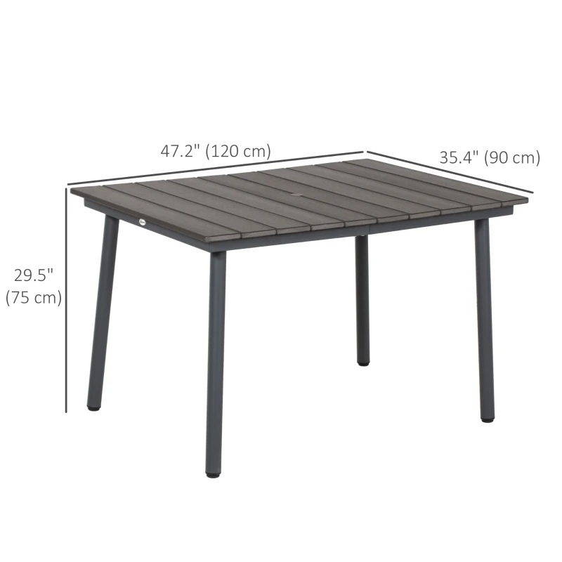 Outsunny 47" Outdoor Dining Table with Umbrella Hole, Aluminium Frame, HDPE Table Top, Slatted Design for Backyard, Dark Grey