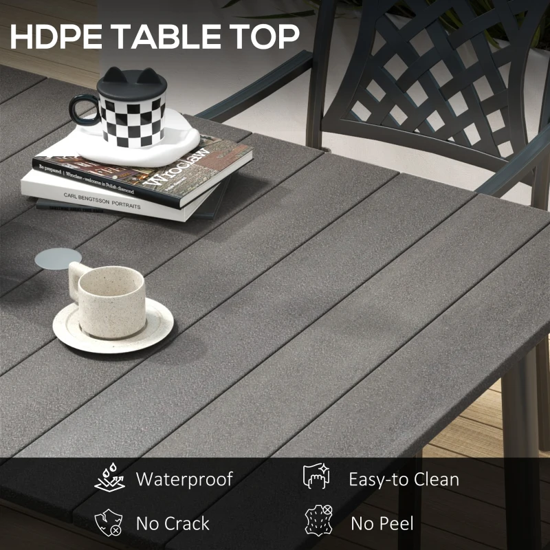 Outsunny 47" Outdoor Dining Table with Umbrella Hole, Aluminium Frame, HDPE Table Top, Slatted Design for Backyard, Dark Grey