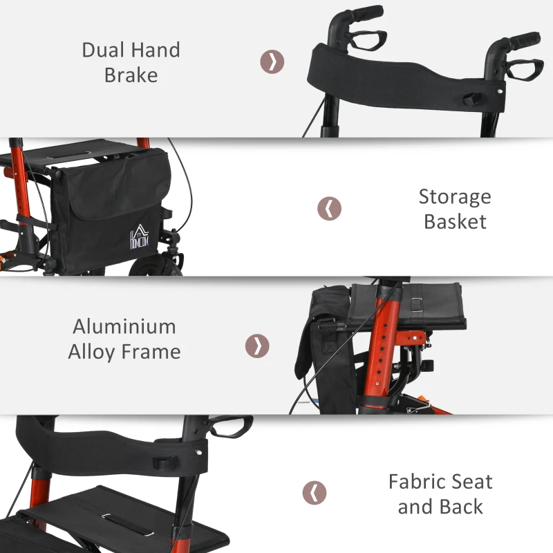 HOMCOM Rollator for Seniors with Seat, Rubber Wheels, Aluminum Folding Rolling Walker with Adjustable Handle, Bag, Red