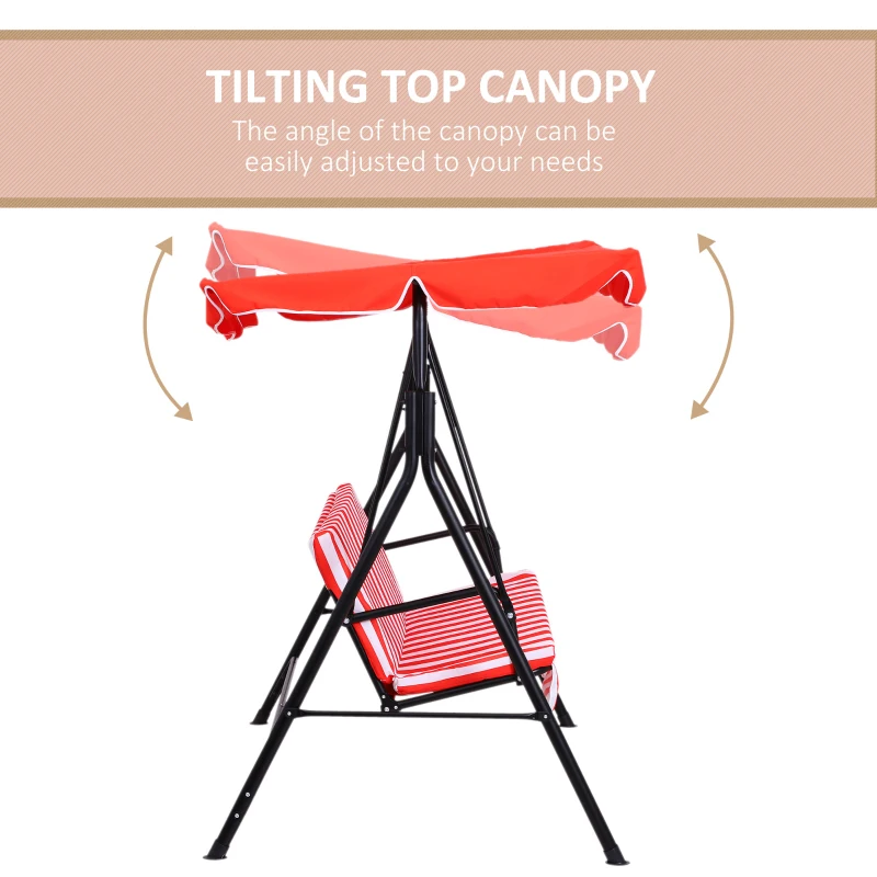 Outsunny 3-Seater Outdoor Porch Swing with Adjustable Canopy, Patio Swing Chair for Garden, Poolside, Backyard, Red and white